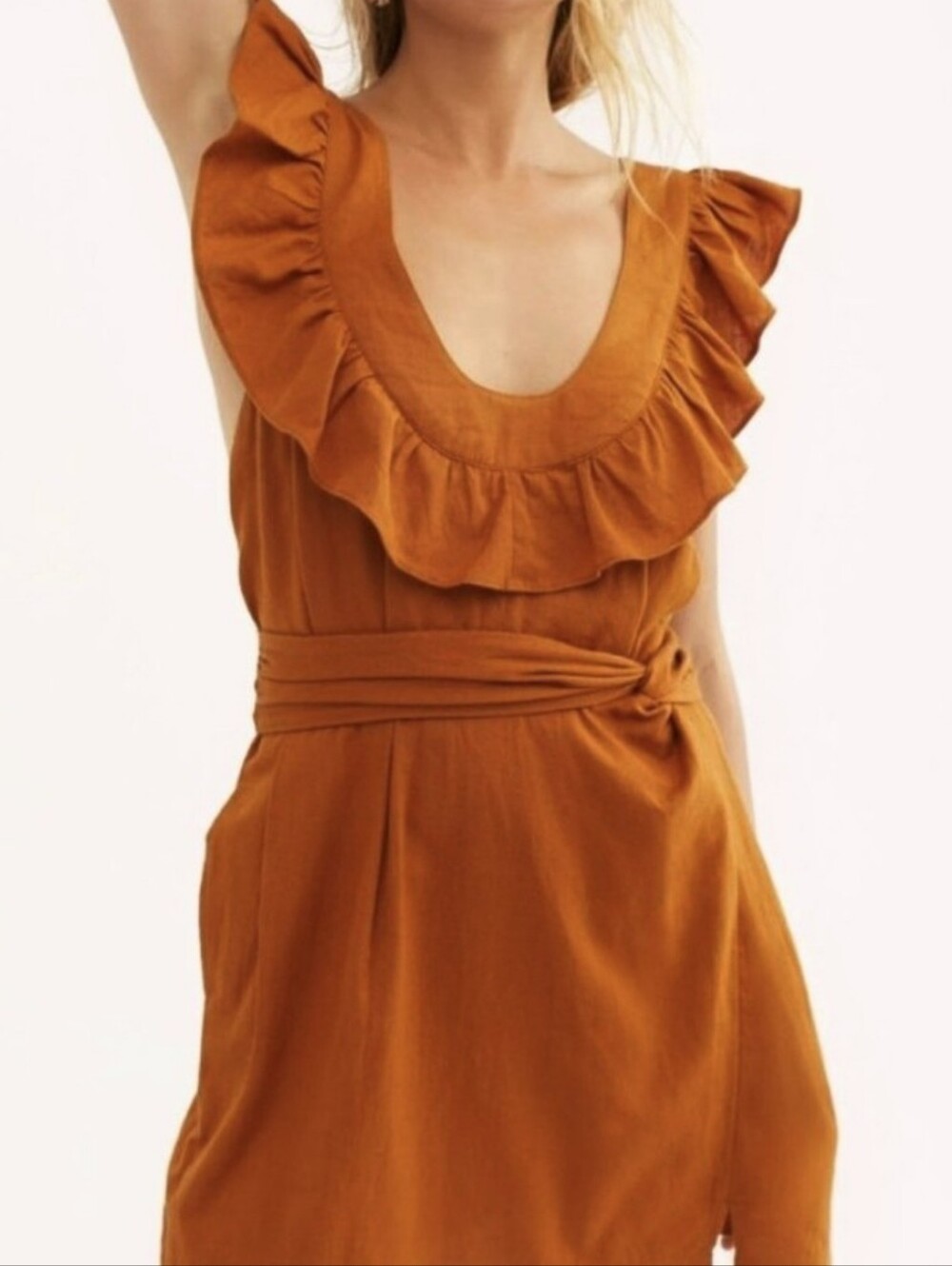 Free People Burnt Orange Ruffled Tie-Waist Dress